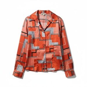 Rafael Rust Orange Geometric Print Satin Button Down Shirt, Woman's Size 8